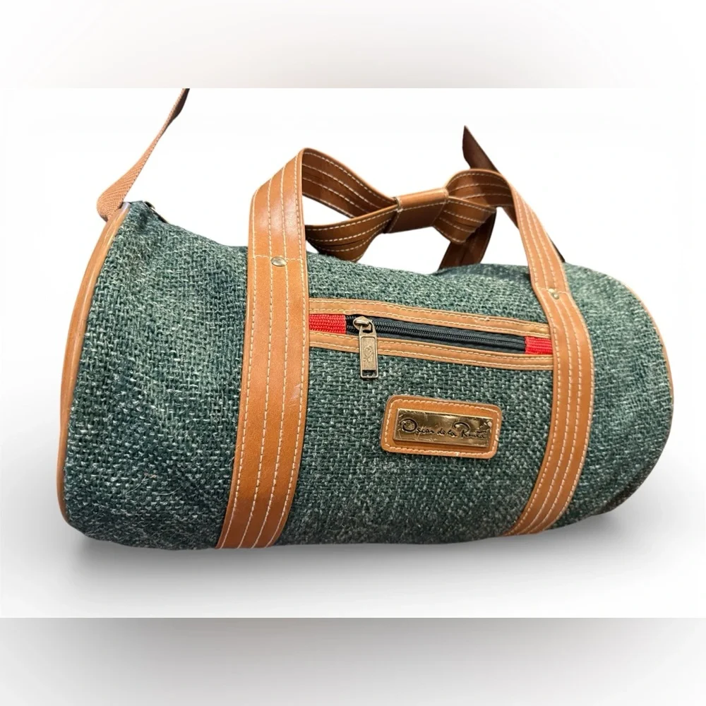 Oscar de la Renta Green and Tan Vintage Tweed Duffel Bag